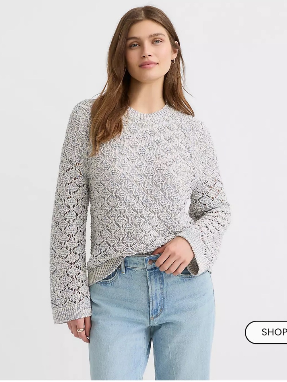 Loft Diamond Stitch Sweater Size Large Blue Grey Open Knit Coastal Cropped EUC